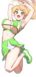  1girl armpits arms_up bare_arms bikini bikini_top_only blonde_hair breastless_clothes breasts eyepatch_bikini floating_hair green_bikini green_eyes green_footwear green_skirt heanna_sumire highres jumping large_breasts long_hair love_live! love_live!_superstar!! miniskirt multicolored_clothes multicolored_skirt navel open_mouth pettan_p simple_background skirt smile solo swimsuit teeth thighs upper_teeth_only white_background 