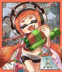  1girl 2021 :d ^_^ artist_name bike_shorts black_shorts blush border closed_eyes colored_tongue commentary_request dated facing_viewer fangs foot_out_of_frame headphones holding holding_weapon ink_tank_(splatoon) inkling inkling_girl inkling_player_character long_hair multiple_views open_mouth orange_border orange_hair orange_outline orange_tongue pink_footwear shirt shoes short_eyebrows short_sleeves shorts smile sneakers splatoon_(series) splatoon_1 splattershot_(splatoon) standing standing_on_one_leg suction_cups tentacle_hair twintails very_long_hair wanoka weapon white_shirt 