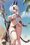  1girl 2b_(nier:automata) animal_ears ass_visible_through_thighs bird black_nails black_panties blue_eyes blue_sky breasts cloud day earrings egyptian fake_animal_ears hair_over_one_eye jackal_ears jewelry large_breasts mask mitsu_(mitsu_art) mole mole_under_mouth navel nier:automata nier_(series) open_mouth outdoors palm_tree panties pyramid_(structure) short_hair skindentation sky solo staff standing tail thigh_gap thigh_strap tree underwear white_hair 