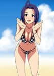  :d ahoge bangle beach bikini blue_hair blurry blush bracelet breasts checkered checkered_bikini cleavage cloud covered_nipples day depth_of_field groin hands hanging_breasts highres idolmaster idolmaster_(classic) jewelry kaimuu_(fahrenheit724) large_breasts leaning_forward looking_at_viewer micro_bikini miura_azusa navel open_mouth outdoors red_eyes short_hair skindentation sky smile solo standing string_bikini swimsuit 
