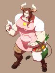  1boy animal_ears animal_feet apron bag bread brown_background brown_eyes brown_fur brown_hair brown_shorts closed_mouth commentary_request cow_boy cow_ears cow_tail egg food full_body fur-tipped_tail gensoudanshi groceries grocery_bag hair_over_shoulder hand_up highres holding holding_bag holding_paper hooves long_hair looking_at_viewer male_focus monster_boy muscular muscular_male original paper pink_apron shirt shopping_bag short_sleeves shorts simple_background smile solo spring_onion tail white_shirt 
