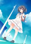  backpack bag black_hair blue_eyes cloud day dress kneehighs loafers looking_at_viewer original power_lines randoseru recorder_case road ryo sailor_dress shoes short_hair short_twintails sky solo telephone_pole twintails white_legwear 