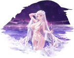  1girl arm_up armpits azur_lane breasts charles_(106858) cleavage fireworks flower grey_hair hair_flower hair_ornament highres large_breasts long_hair looking_at_viewer navel night night_sky non-web_source official_alternate_costume official_art one-piece_swimsuit parted_lips pool purple_eyes skindentation sky smile solo standing swimsuit very_long_hair wading water wet white_one-piece_swimsuit yorck_(azur_lane) yorck_(late-night_companion)_(azur_lane) 