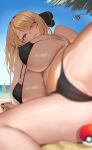  1girl absurdres anima_(togashi) beach bikini black_bikini black_eyes black_nails blonde_hair breasts closed_mouth commentary_request cynthia_(pokemon) day eyes_visible_through_hair garchomp hair_over_one_eye highres long_hair looking_at_viewer lying nail_polish navel ocean on_side outdoors paid_reward_available poke_ball pokemon pokemon_(creature) pokemon_dppt smile solo swimsuit thighs underboob 