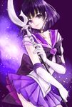  back_bow bishoujo_senshi_sailor_moon black_bow bow brooch choker earrings elbow_gloves gloves holding holding_spear holding_weapon jewelry kohana_(ayako) magical_girl pleated_skirt polearm purple purple_background purple_eyes purple_hair purple_sailor_collar purple_skirt ribbon sailor_collar sailor_saturn sailor_senshi_uniform short_hair silence_glaive skirt smile solo spear star star_choker super_sailor_saturn tiara tomoe_hotaru weapon white_gloves 