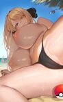  1girl absurdres anima_(togashi) beach bikini bikini_bottom_only black_bikini black_eyes black_nails blonde_hair breasts closed_mouth commentary_request cynthia_(pokemon) day eyes_visible_through_hair garchomp hair_over_one_eye highres long_hair looking_at_viewer lying nail_polish navel nipples ocean on_side outdoors paid_reward_available poke_ball pokemon pokemon_(creature) pokemon_dppt smile solo swimsuit thighs underboob 