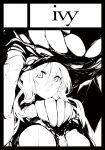 1girl abyssal_ship arm_up breasts circle_cut closed_mouth comiket_88 commentary_request expressionless greyscale hair_between_eyes kantai_collection large_breasts long_bangs long_hair long_sleeves looking_at_viewer monochrome solo teeth tugmix upper_body wo-class_aircraft_carrier 
