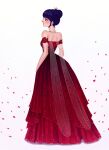  bare_shoulders blue_eyes blue_hair closed_mouth dress fairy_wings falling_petals gongonsrr hair_bun highres jewelry looking_to_the_side marinette_dupain-cheng miraculous_ladybug necklace petals polka_dot red_dress simple_background solo standing white_background wings 