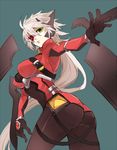  alpha-01 arched_back arm_blade ass belt black_sclera blazblue breasts covered_nipples genderswap genderswap_(mtf) green_eyes heterochromia large_breasts long_hair looking_back mismatched_sclera ragna_the_bloodedge red_eyes silver_hair solo tomo_(tomorag7) very_long_hair weapon 