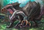  absurdres chin_spike claws dragon extra_arms full_body gore_magala highres horns monster monster_focus monster_hunter_(series) mountainous_horizon no_eyes no_humans open_mouth outdoors purple_horns scales sharp_teeth solo spikes sunlight tail teeth torn_wings uchi_vs_the_world watermark winged_arms wings 