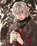  1boy alternate_costume antonio_salieri_(fate) antonio_salieri_(second_ascension)_(fate) artist_name black_scarf blurry blurry_background blush brown_coat coat commentary cup ear_blush eyes_visible_through_hair fate/grand_order fate_(series) grey_hair hair_between_eyes half_updo highres holding holding_cup jewelry long_sleeves looking_at_viewer male_focus medium_hair open_clothes open_coat open_mouth outdoors pendant red_eyes red_sweater ring scarf signature solo sweater winter_clothes yu_yukiya1012 