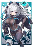  1girl absurdres ameyu_(rapon) black_bodysuit blue_eyes bodysuit boots breasts drone grey_hair highres large_breasts long_hair looking_at_viewer original solo thigh_boots thighs 