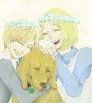  2girls blonde_hair blue_dress bob_cut brown_(rule_of_rose) child clover collar dress eyes_closed flower four-leaf_clover good_end grey_dress grin hair_ornament hairpin happy head_wreath holding jennifer_(rule_of_rose) mouth_hold multiple_girls open_mouth rule_of_rose short_hair smile wendy_(rule_of_rose) younger 