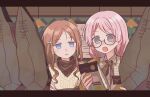  2girls artist_request bang_dream! bang_dream!_it&#039;s_mygo!!!!! blue_eyes brown_hair brown_jacket brown_ribbon brown_sweater chihaya_anon collared_shirt commentary commission detached_sleeves fang glasses grey_eyes hair_ornament hairclip holding indoors jacket jitome knit_sweater lamp long_hair multiple_girls nagasaki_soyo neck_ribbon open_mouth pink_hair ribbon second-party_source shirt sweater symbol-only_commentary turtleneck undone_neck_ribbon 