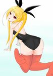  1girl all_fours arc_system_works artist_request ass back bare_shoulders blazblue blonde_hair from_behind hair_ribbon leotard long_hair looking_at_viewer looking_back open_mouth parted_lips rachel_alucard red_eyes red_legwear ribbon thighhighs twintails wrist_cuffs 