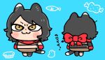  1girl :3 animal_ears armor arrow_(symbol) back bird bkub black_hair black_tail blue_background blush blush_stickers body_fur boned_meat brown_skirt cat_ears cat_girl cat_tail chibi chibi_only closed_mouth crop_top dungeon_meshi fish food full_body izutsumi leather_armor light_blue_background looking_at_viewer meat midriff mismatched_animal_ear_colors red_scarf scarf short_hair simple_background skirt sleeveless tail translation_request yellow_eyes 