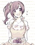  1girl :d apron baran._(ba_ra_ran) blush breasts cleavage collarbone flower flower_necklace food_request hair_ornament hair_scrunchie heart-shaped_food highres holding holding_plate idolmaster idolmaster_cinderella_girls igarashi_kyoko lone_nape_hair looking_at_viewer off-shoulder_shirt off_shoulder open_mouth plate scrunchie shirt side_ponytail smile solo striped_background swept_bangs white_background 