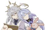  1boy 1girl blue_neckerchief book brother_and_sister closed_eyes closed_mouth collared_shirt facing_viewer grey_hair grey_shirt hair_between_eyes halo head_wings honkai:_star_rail honkai_(series) hugging_object knees_up leaning_on_person leaning_to_the_side legs_together long_hair neckerchief open_book purple_hair purple_pupils robin_(honkai:_star_rail) shirt siblings sidelocks simple_background sitting smile stuffed_animal stuffed_rabbit stuffed_toy sunday_(honkai:_star_rail) upper_body vest white_background white_vest wings yellow_eyes yuyouxing 