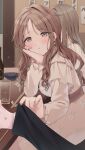 10_(user_cwuu4848) 1boy 2girls :t absurdres aged_up beer_bottle blush breasts brown_hair chopsticks cup fingernails hand_on_own_cheek hand_on_own_face highres holding holding_clothes ichikawa_hinana idolmaster idolmaster_shiny_colors looking_at_viewer medium_breasts multiple_girls out_of_frame pout pov pov_hands producer_(idolmaster) restaurant solo_focus 