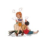  1girl 2boys angry clothes_grab feet_out_of_frame green_hair haramaki hat hat_on_back monkey_d._luffy multiple_boys multiple_head_bumps nami_(one_piece) one_piece orange_hair puff_of_air roronoa_zoro short_hair sideburns simple_background simplebeam straw_hat sword triple_wielding weapon white_background 