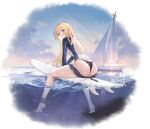  1girl ass azur_lane back barefoot bikini bikini_bottom_only bikini_under_shorts black_bikini black_bikini_bottom blonde_hair blue_eyes blush boat bodysuit bound braid breasts byulzzi closed_mouth clothes_pull cloud day diving_suit feet from_behind full_body hair_between_eyes highres kongou_(azur_lane) kongou_(troubled_seas)_(azur_lane) large_breasts legs logo long_hair long_sleeves looking_at_viewer looking_back non-web_source ocean official_alternate_costume official_art outdoors rash_guard sailboat short_shorts shorts shorts_pull sitting sky soles solo surfboard surfing swimsuit swimsuit_under_clothes thighs thong_bikini underwear water watercraft wet wet_clothes wetsuit 