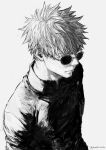  1boy black_jacket blue_eyes closed_mouth expressionless gojou_satoru highres jacket jujutsu_kaisen jujutsu_tech_uniform kuwoniagyu11112 long_sleeves looking_at_viewer male_focus monochrome simple_background solo sunglasses twitter_username upper_body white_background white_hair 