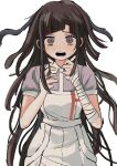  1girl apron bandaged_arm bandages bian_(higanp_1) blunt_bangs blunt_ends buttons collar collared_shirt commentary_request cowboy_shot danganronpa_(series) danganronpa_2:_goodbye_despair eyelashes frown highres light_blush long_hair looking_at_viewer messy_hair nervous open_mouth parted_bangs puffy_short_sleeves puffy_sleeves purple_eyes purple_hair purple_shirt purple_sleeves shirt short_sleeves simple_background solo straight-on sweat teeth tsumiki_mikan upper_teeth_only very_long_hair white_apron white_background white_collar 