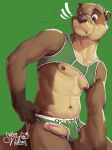 anthro blush bodily_fluids briefs brown_body brown_fur bulge clothing clothing_pull crop_top dripping erection fur furry-specific_brand genital_fluids genitals green_background green_briefs green_clothing green_crop_top green_shirt green_topwear green_underwear hi_res humanoid_genitalia humanoid_penis looking_at_genitalia looking_at_penis male mammal mike_(rudderbutts) muscular mustelid nipples otter pecs penis poking_out portrait pose precum precum_drip river_otter rudderbutts senor_nutria shirt simple_background solo text text_on_clothing text_on_underwear three-quarter_portrait topwear underwear underwear_pull whiskers wide_eyed