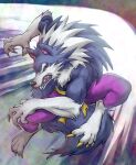  1boy bullphone claws fighting_stance full_body furry furry_male gallon_(vampire) highres pants purple_pants tail vampire_(game) werewolf wolf_boy yellow_eyes 