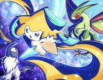  absol bright_pupils claws closed_mouth dated flygon horns jirachi no_humans nostrils open_mouth outline pokemon pokemon_(creature) red_eyes shuri_(syurigame) signature single_horn star_(sky) third_eye white_outline white_pupils 