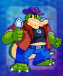  2024 3_toes 4_fingers alligator alligatorid anthro bottomwear brok_(brok_the_investigator) brok_the_investigator clothing cowcat_games crocodilian feet fingers green_body hat headgear headwear hi_res humanoid_hands magnifying_glass male pants para_chicken reptile scalie shirt simple_background slightly_chubby solo toes topwear 