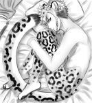  1boy animal_feet bed_sheet body_fur braid closed_mouth commentary_request completely_nude full_body greyscale knees_up looking_at_viewer lying male_focus monochrome monster_boy nude on_bed on_side original pillow short_hair single_braid sleipnirrrr snow_leopard_boy snow_leopard_ears snow_leopard_tail solo undercut very_short_hair 