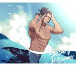  1boy 2020 abs air_bubble arm_tattoo arms_up babyseven_77 black_eyes blue_background blue_sky brown_hair bubble cloud commentary_request dark-skinned_male dark_skin dated dreadlocks english_text fins hair_bun hands_in_hair highres long_hair looking_at_viewer male_focus merman monster_boy nipples orca_boy original outdoors parted_lips partially_submerged scar scar_on_arm scar_on_chest scar_on_stomach simple_bird sky solo tattoo toned toned_male undercut upper_body water wet 