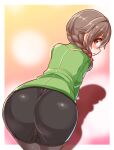  1girl ass ass_focus black_skirt blush braid brown_eyes brown_hair cougar_(cougar1404) formal from_behind gradient_background green_jacket grey_pantyhose hair_ornament hair_over_shoulder hair_scrunchie idolmaster idolmaster_cinderella_girls idolmaster_cinderella_girls_starlight_stage jacket leaning_forward long_hair looking_at_viewer looking_back multicolored_background pantyhose parted_lips pencil_skirt red_scrunchie scrunchie senkawa_chihiro shadow shy single_braid skirt solo 