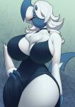  absol anthro big_breasts black_clothing black_dress breasts cleavage clothed clothing cocktail_dress digital_media_(artwork) dress female fur generation_3_pokemon hi_res judgemental_look looking_at_viewer mammal nikowhith nintendo pokemon pokemon_(species) simple_background thick_thighs white_body white_fur 
