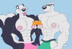 abs anatid anseriform anthro anti_dev arnold_the_pitbull avian big_bulge big_nipples bird bulge canid canine canis clothing daffy_duck domestic_dog duck eyewear group hi_res jockstrap looney_tunes male mammal mephitid muscular nipples pit_bull pitu_le_pew skunk sunglasses tongue tongue_out trio underwear warner_brothers