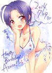  2014 adapted_costume ahoge bikini blush breasts brown_eyes dated ech hand_on_own_cheek happy_birthday idolmaster idolmaster_(classic) idolmaster_movie large_breasts leaning_forward miura_azusa open_mouth print_bikini purple_hair sarong see-through short_hair solo sparkle_print swimsuit 