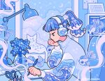  1girl blue_clouds blue_eyes blue_flower blue_hair blue_sweater blue_theme bookshelf calendar_(object) cat chair cloud commission computer constellation crescent_moon desk desk_lamp emily_kim fish flower forget-me-not_(flower) hair_ornament headphones highres holding holding_pen indoors lamp laptop liquid liquid_hair lofi_girl_(youtube) long_sleeves moon moon_phases notebook original pastel_colors pen ponytail scissors shell_hair_ornament sitting sparkle sweater turtleneck turtleneck_sweater underwater wave_print waves white_cat window 