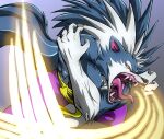  1boy bullphone crossed_arms furry furry_male gallon_(vampire) grey_background open_mouth pants purple_pants slashing solo standing tongue vampire_(game) wolf_boy yellow_eyes 