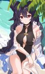  absurdres black_one-piece_swimsuit braid breasts casual_one-piece_swimsuit cleavage cleavage_cutout clothing_cutout erune etoria frilled_one-piece_swimsuit frills granblue_fantasy highres monokini nier_(granblue_fantasy) nier_(lover_by_the_lily_lake)_(granblue_fantasy) official_alternate_costume one-piece_swimsuit sideboob swimsuit twin_braids 