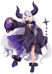  1girl absurdres ahoge black_dress black_footwear demon_girl demon_horns dress fang full_body grey_hair highres hololive horns la+_darknesss long_hair long_sleeves looking_at_viewer multicolored_hair open_mouth pointy_ears purple_hair purple_thighhighs simple_background single_thighhigh slit_pupils smile solo standing streaked_hair teeth thighhighs upper_teeth_only usushio very_long_hair virtual_youtuber white_background wide_sleeves yellow_eyes 