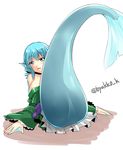  animal_ears ass bare_shoulders blue_eyes blue_hair breasts head_fins japanese_clothes kimono kirisaki_byakko large_breasts mermaid monster_girl obi off_shoulder open_mouth sash short_hair smile solo touhou twitter_username wakasagihime webbed_hands 