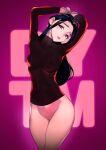  1girl arms_up black_hair black_shirt bottomless bound bound_wrists breasts covered_nipples dytm grey_eyes highres long_hair looking_at_viewer medium_breasts mole mole_under_eye navel original parted_lips shirt skin_tight solo 