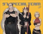  2boys bandana bare_shoulders belt billy_kane blonde_hair blue_eyes blue_mary cooru fingerless_gloves gloves midriff multiple_boys navel short_hair snk staff the_king_of_fighters the_king_of_fighters_'97 yamazaki_ryuuji 