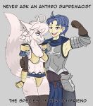  absurd_res alain_(unicorn_overlord) anthro canid canine dinah_(unicorn_overlord) duo embarrassed female flexing fox hi_res humanoid humor hunan male male/female mammal meme smile text unicorn_overlord unknown_artist vanillaware 