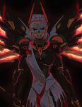  absurdres alternate_universe artist_request black_sclera colored_sclera highres lapel_pin mask mechanical_wings mercy_(overwatch) mirrorwatch_mercy official_alternate_costume overwatch overwatch_2 red_eyes skull_mask tagme vengeance_mercy white_hair wings 
