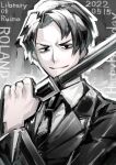  1boy black_eyes black_hair black_jacket black_necktie closed_mouth collared_shirt dated highres holding holding_sword holding_weapon jacket library_of_ruina long_sleeves looking_at_viewer necktie nyagaichi project_moon roland_(project_moon) shirt smile solo sword v-shaped_eyebrows weapon white_shirt wing_collar 