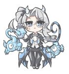  1girl arias_the_labrynth_butler ascot black_jacket black_pants black_suit blue_eyes blue_tail butler chibi collared_shirt commentary_request demon_girl demon_horns duel_monster female_butler full_body grey_hair highres holding horns jacket long_hair oquri pants shirt simple_background suit white_ascot white_background white_shirt yu-gi-oh! 