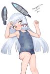  1girl absurdres blunt_bangs blunt_tresses breasts closed_eyes dated feet_out_of_frame grey_hair grey_one-piece_swimsuit hair_ribbon headgear highres kantai_collection long_hair looking_at_viewer lying maru_(marg0613) murakumo_(kancolle) old_school_swimsuit one-piece_swimsuit orange_eyes ribbon school_swimsuit simple_background small_breasts solo swimsuit tress_ribbon twitter_username white_background 