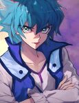  1boy blue_eyes blue_hair blue_vest collarbone commentary_request crossed_arms highres johan_andersen katasode_cd male_focus open_clothes open_vest shirt short_hair solo spiked_hair tongue tongue_out upper_body vest white_shirt yu-gi-oh! yu-gi-oh!_gx 